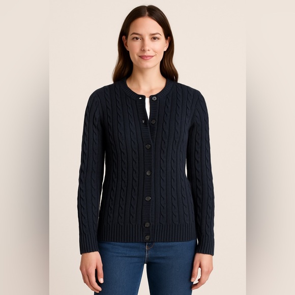LL BEAN Cable Front Button Black Cardigan size large - Picture 1 of 5